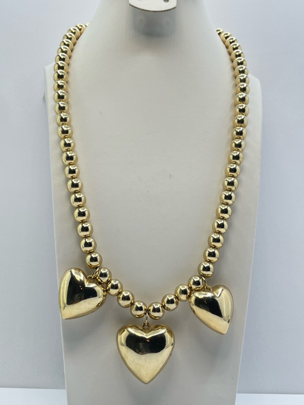 Vintage Korea Gold Tone Beaded Chain Necklace Triple Heart Statement Bold